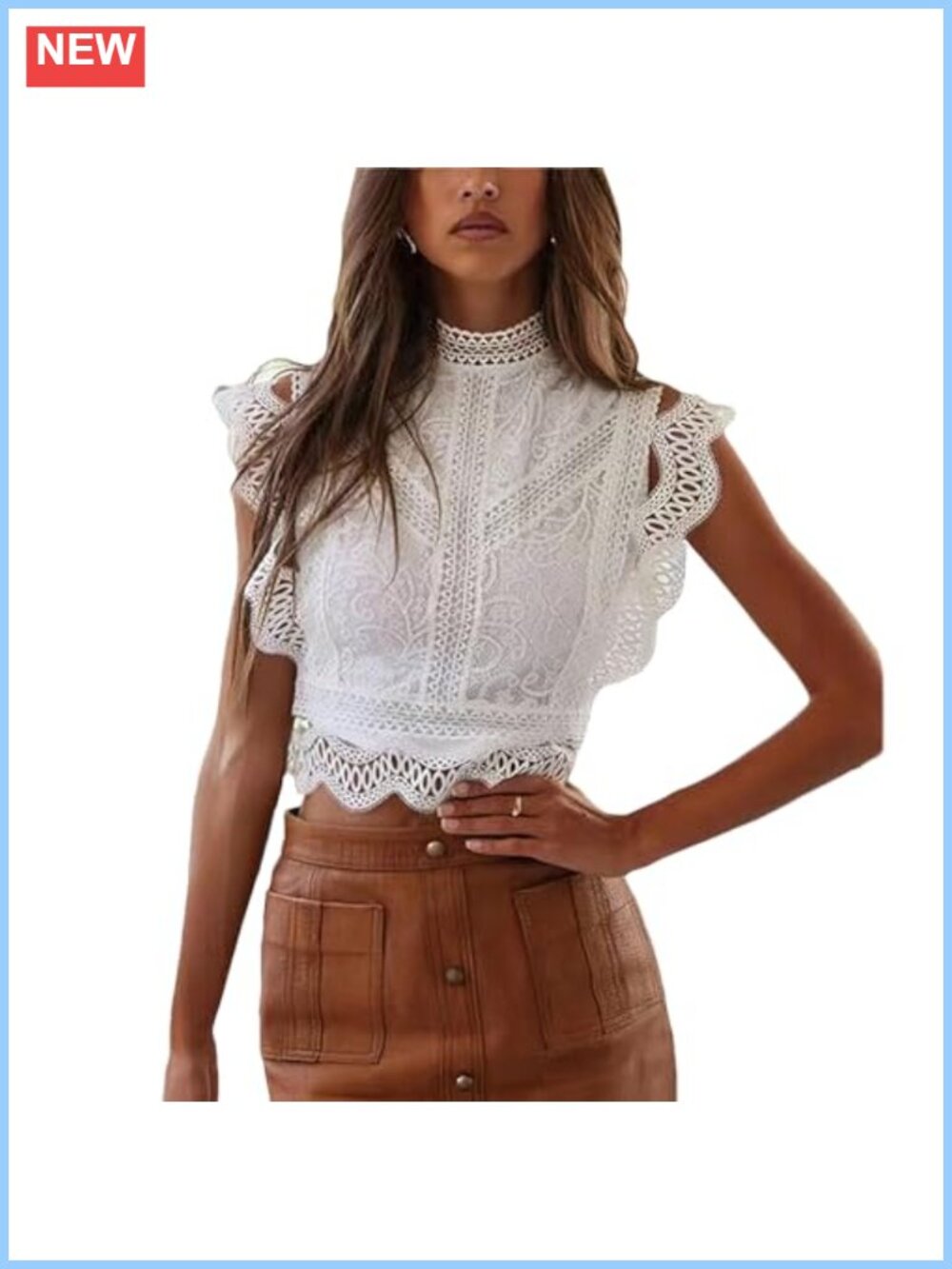 Hollowed Lace Blouse Sleeveless Ruffle Trim Elegant Summer Shirt Top